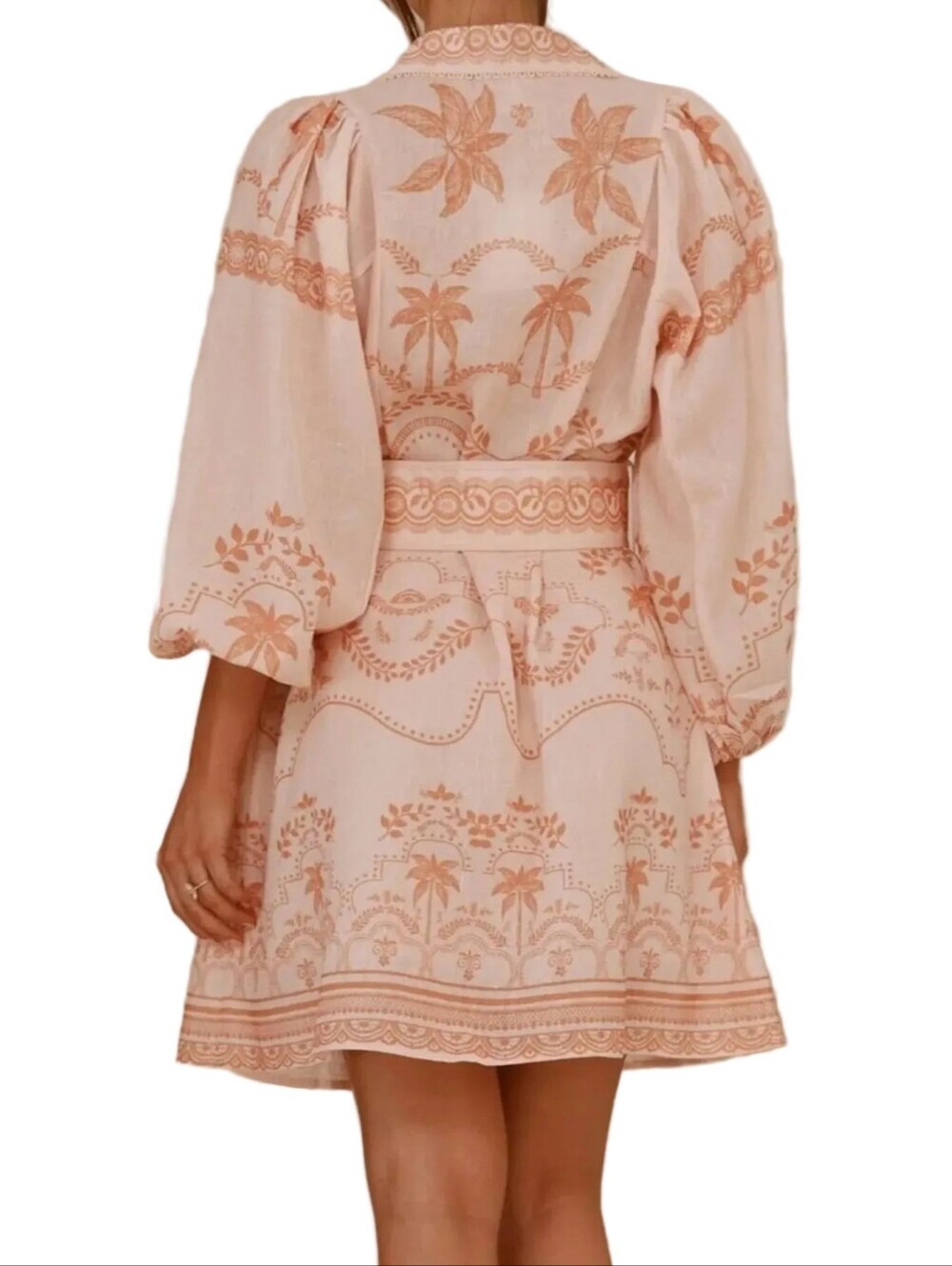 Palm Beach Belted Waist Button Down Baloon Long Sleeve Boho Mini Shirt Dress - Picture 4 of 10